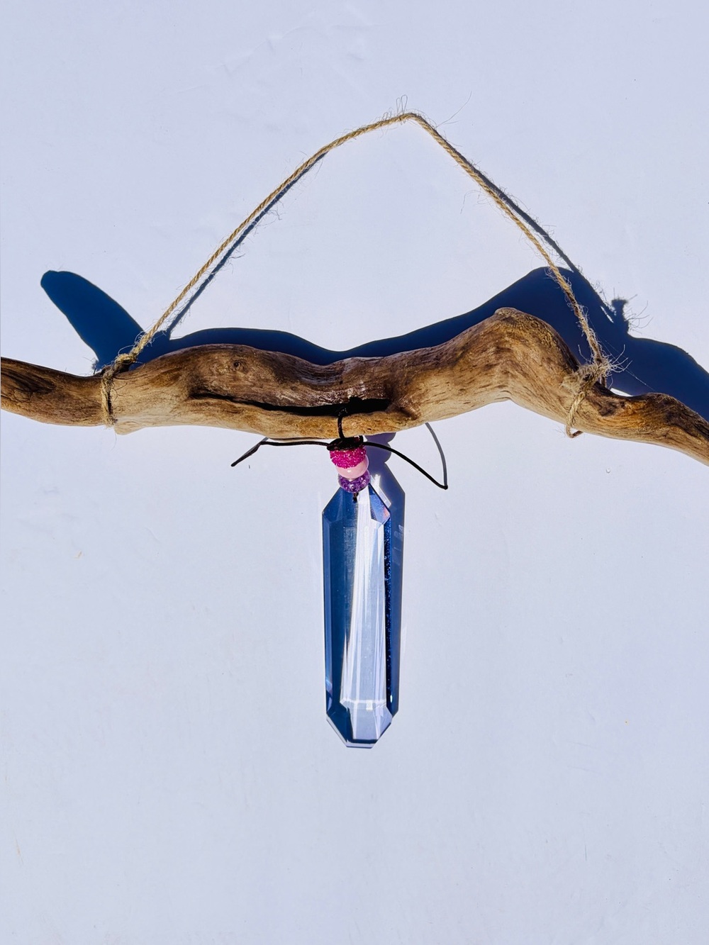 Handcrafted Blue Crystal Pendant Wall Accent on Driftwood - Coastal Home Decor